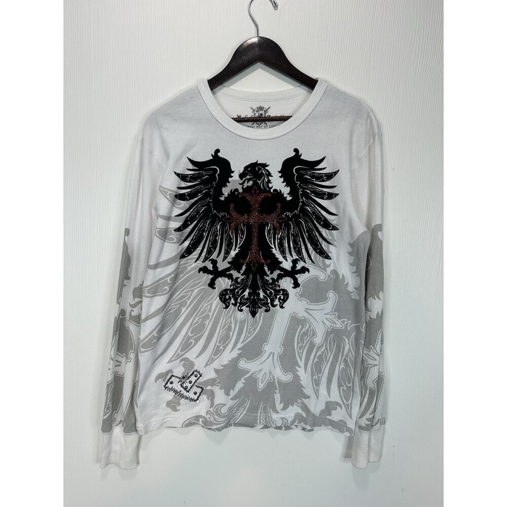 VTG Rebel Spirit White Long Sleeve Thermal Eagle Rhinestone Shirt SZ L